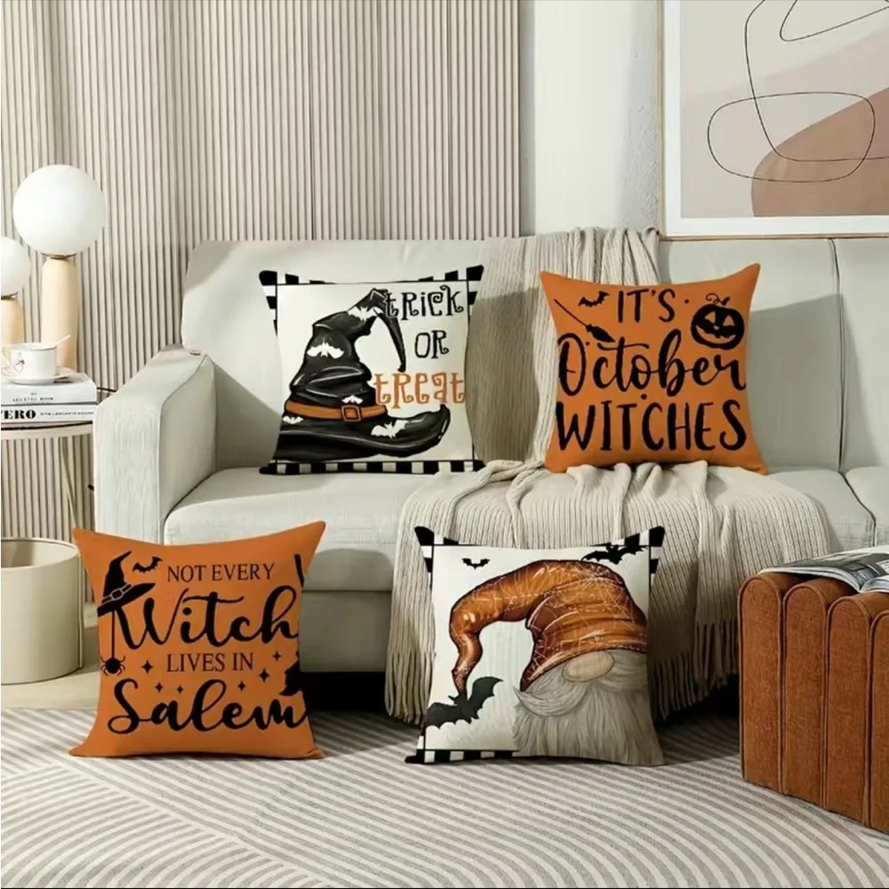 4pcs/set, Halloween Pillow Covers 18inx18in, Happy Halloween Decoration Throw Pi